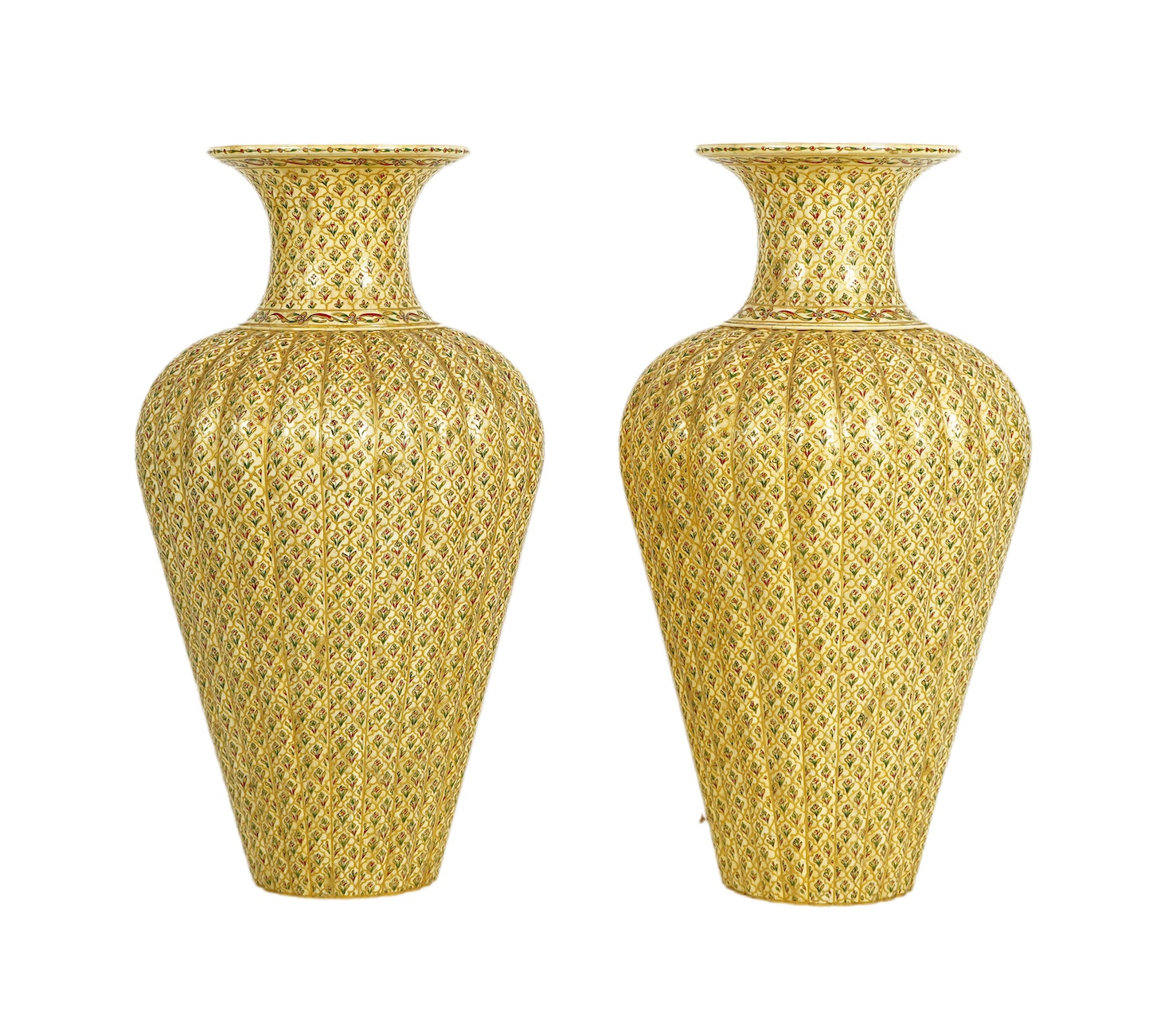 A pair of large Indian painted bone veneered vases, in Mughal style
